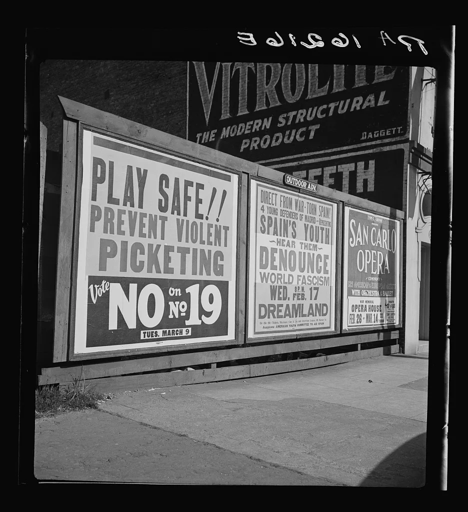 Signboards in San Francisco, California, 1937