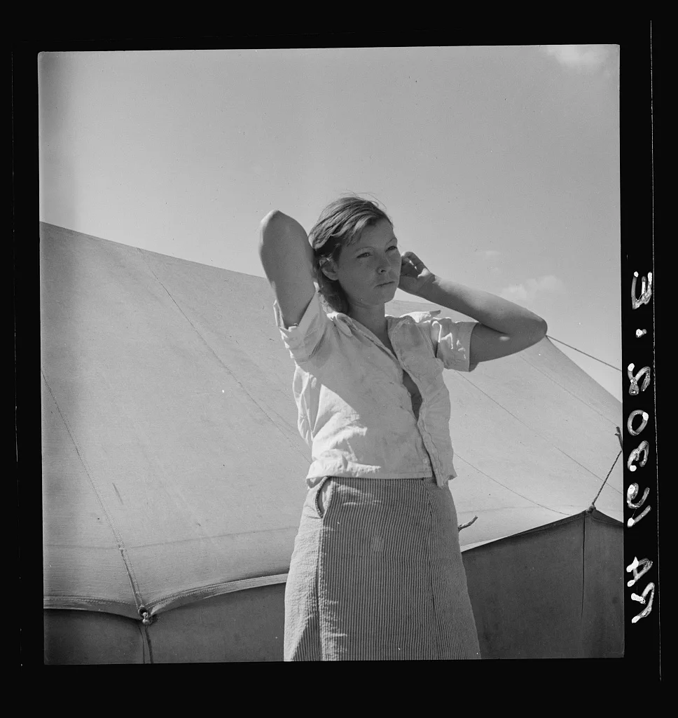 Woman in pea picker's camp. California. "I seen our corn dry up and…, 1937