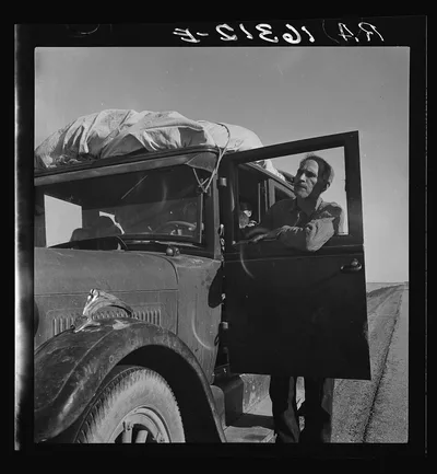 Stalled on the desert, facing a future in California. No money, ten…, 1937