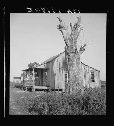 Plantation cabin of sharecropper. Washington County, Mississippi, 1937