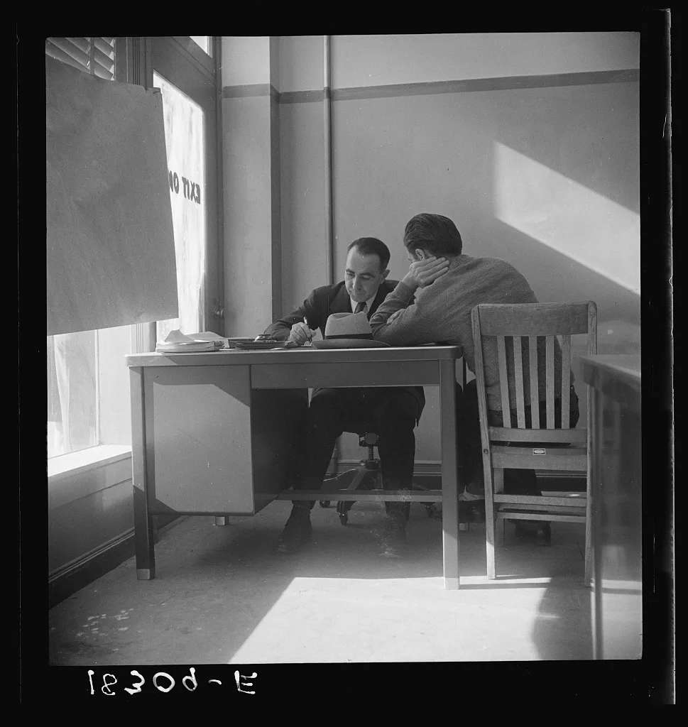 The interview for unemployment compensation. San Francisco, California, 1938