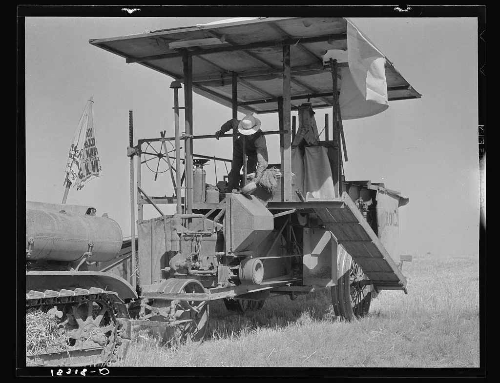 Combine harvester in California. Wheat field. San Joaquin Valley, 1938