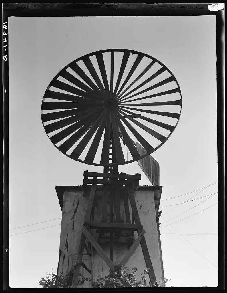 Windmill on small farm near Tracy, California, 1938