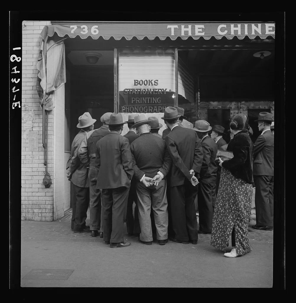 In front of the local paper of San Francisco's Chinatown Chinese read…, California, 1938