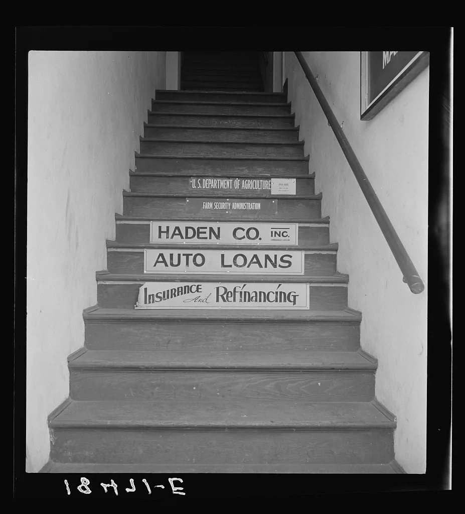 Up one flight of stairs to the office of the Farm Security…, California, 1938