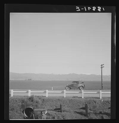 Near King City, California. Fields and snow-capped mountains in the…, 1939