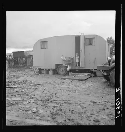 Orange packer of Sunkist oranges. Self-built trailer. California, 1939