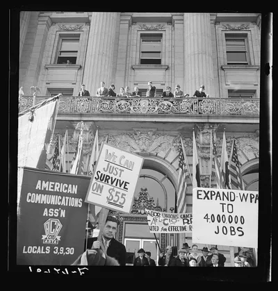 In front of city hall, San Francisco, California. The Worker's…, 1939