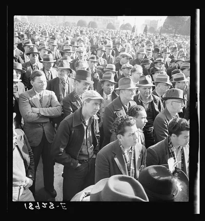 Listening to speeches at mass meeting of Works Progress…, California, 1939