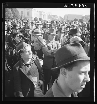 Listening to speeches at mass meeting of Works Progress…, California, 1939