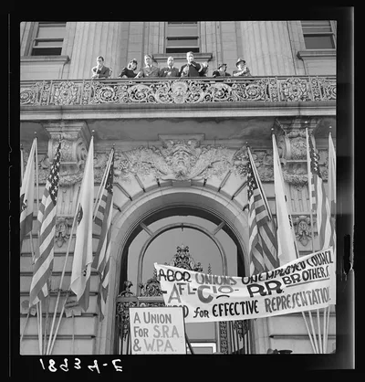 City officials hear the speeches made at mass meeting of Works…, California, 1939