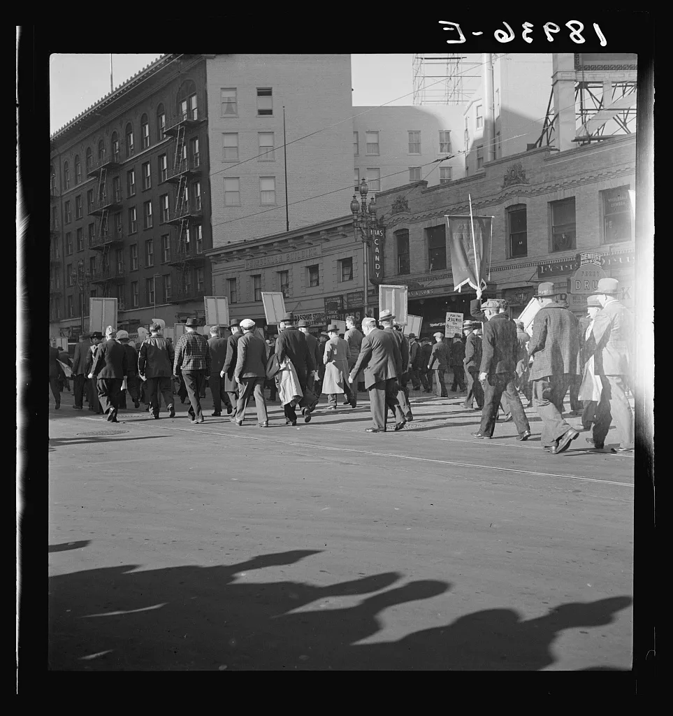 Mass meeting of Works Progress Administration (WPA) workers parading…, California, 1939