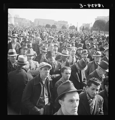 Listening to speeches at mass meeting of Works Progress…, California, 1939