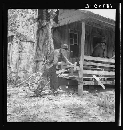 In Arkansas Hills (Ozarks) near Seligman, Missouri, splitting hickory…, 1938