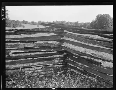 North central Arkansas, along U.S. 62. Split-log fence, 1938