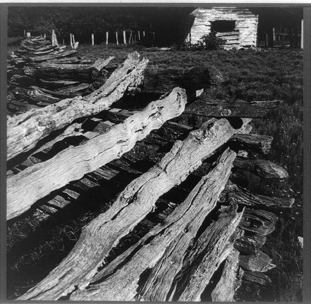 North central Arkansas, along U.S. 62. Split-log fence, 1938