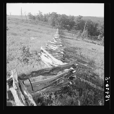 North central Arkansas, along U.S. 62. Split-log fence, 1938