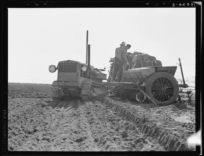 Loading bins of potato planter with fertilizer and seed from trailer…, California, 1939