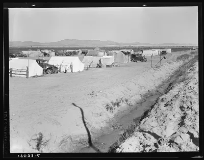 Grower's camp for pickers on large pea ranch along ditch bank.…, California, 1939