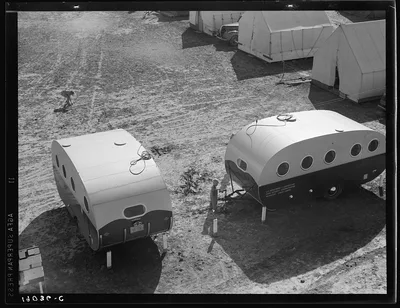 Farm Security Administration (FSA) migrant labor camp. Two trailers,…, California, 1939