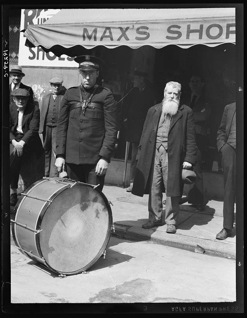 Salvation Army, San Francisco, California. Soldier: "I go panhandling…, 1939