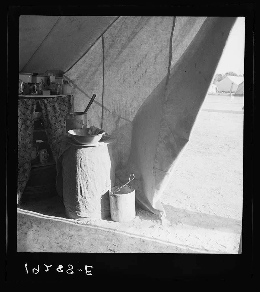Tent of migratory workers in Farm Security Administration (FSA) camp…, California, 1939