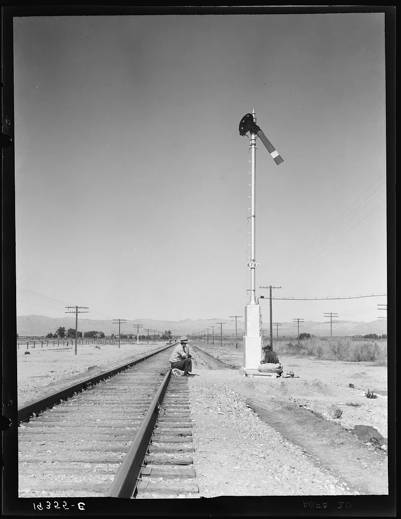 Looking east down the railroad track, near Calipatria, California.…, 1939