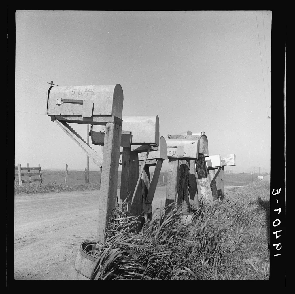 Mail boxes of lettuce workers. Settlement on outskirts of Salinas,…, California, 1939