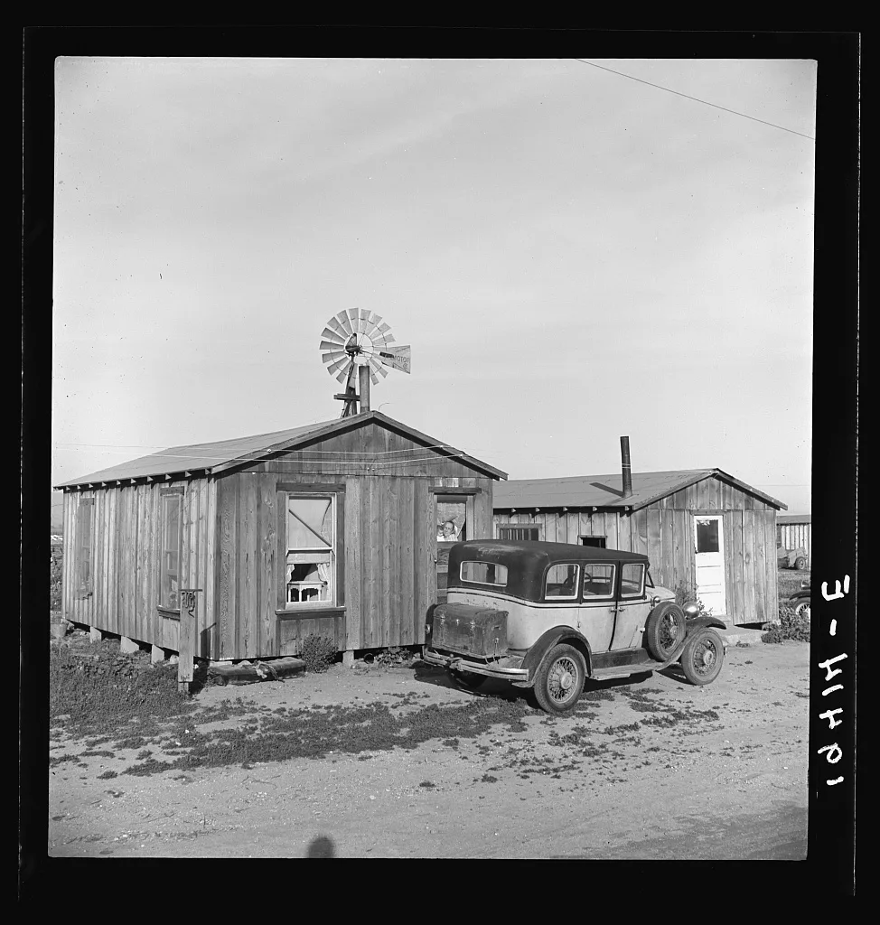 Cabins which rent for ten dollars a month. Includes iron bed and…, California, 1939