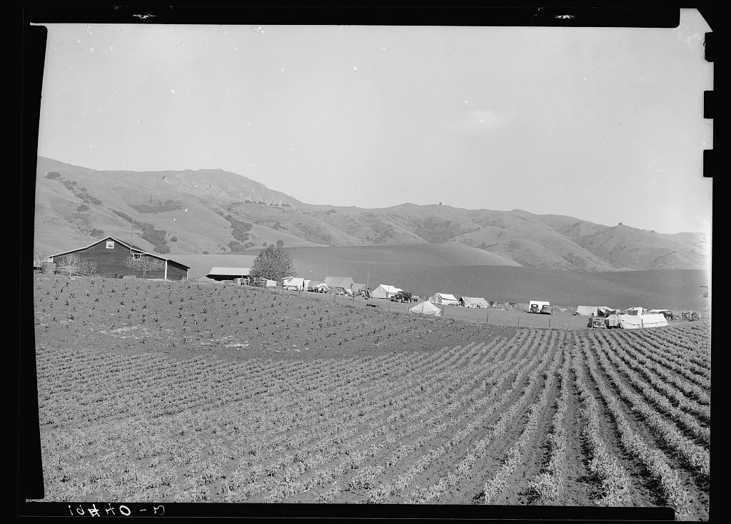 Ranch camp for pea pickers. Near Milpitas, Santa Clara County,…, California, 1939