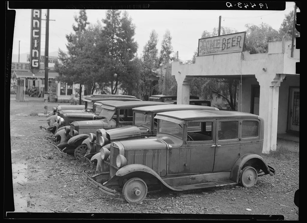 Roadside used car display on State Highway 17, in season when…, California, 1939