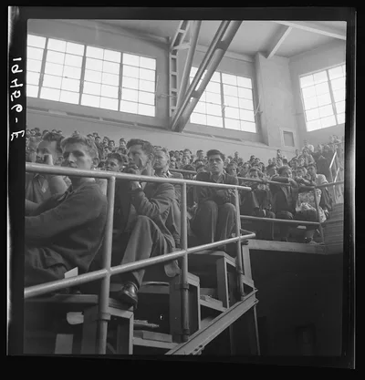 Student audience listening to Peace Day address of General Smedley…, California, 1939