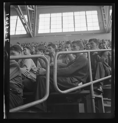 Student audience listening to Peace Day address of General Smedley…, California, 1939