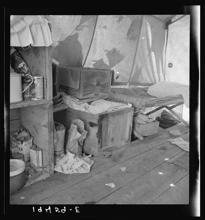 Tent interior in a pea pickers' camp. Food supply and household…, California, 1939