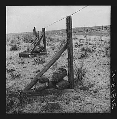 Photograph from Oregon: "Rockjack" fence, type familiar in this region.…