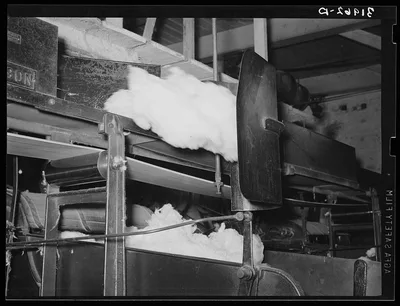 Cotton from the bale is transported by belt to machine for making…, Mississippi, 1939